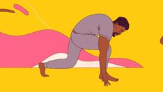 a man in grey shirt and pink pants doing push ups on a yellow background with an orange backdrop