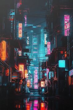 an image of a city at night with neon lights