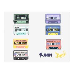 the cassette stickers are designed to look like old school tape recorders with different colors