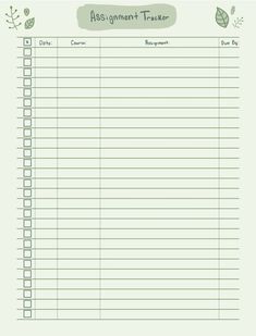 a printable assignment tracker with leaves on it