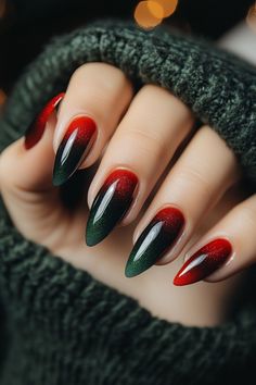 Red Green Ombre Nails, Winter Christmas Nails Green, Christmas Nails Modern, Dark Green And Red Nails, Green Red Christmas Nails, Green And Red Nail Designs, Red And Green French Tip Nails, Green Red Nails, Red Black And Gold Nails