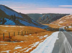 an oil painting of a road in the mountains with snow on the ground and grass to the side