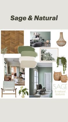 a collage of green and neutrals in a living room, dining room, bedroom