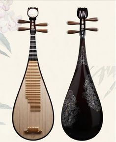 three different types of musical instruments with flowers in the background, one is black and white