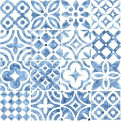 blue and white watercolor tiles with different shapes, sizes and colors for wallpaper