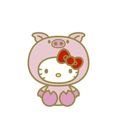 a hello kitty sitting on top of a pink pig with a bow around its neck