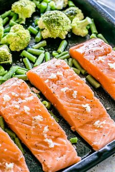 salmon, broccoli and green beans in a pan