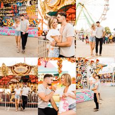 a man and woman standing next to each other in front of carnival rides