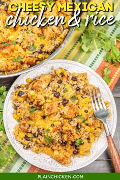 mexican chicken and rice casserole on a plate with a fork next to it