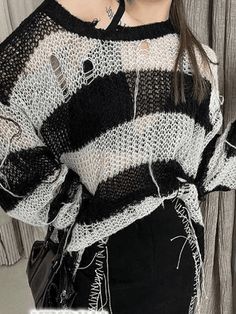 Style: Casual. StreetColor: BlackFabric Content: Nylon. AcrylicFit Type: Loose fitNeckline: Crew NeckSleeve Length: Long Sleeve Ripped Sweater, Distressed Sweaters, Black And White Fabric, Sweaters Online, Really Cute Outfits, Loose Sweater, Striped Knit, Look Cool, Cropped Sweater