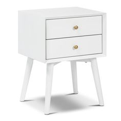 a white nightstand with two drawers on one side and gold knobs on the other