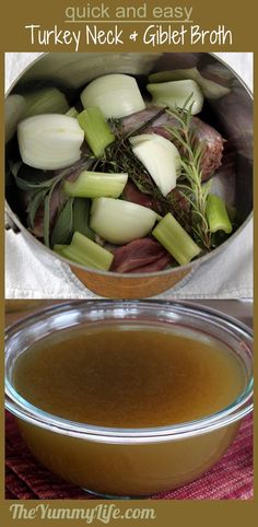 there are two pictures of turkey neck and giblet broth