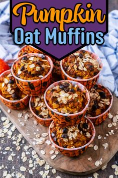 A pile of pumpkin oat muffins with a text overlay title. Blackberry Muffins Healthy, Low Fat Pumpkin Muffins, Pumpkin Breakfast Muffins, Pumpkin Oat Muffins, Pumpkin Oats, Healthy Blueberry Muffins, Pumpkin Smoothie