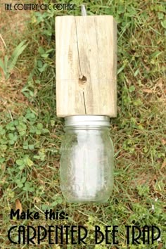 a mason jar with a wooden stopper attached to it sitting on the ground in front of some grass