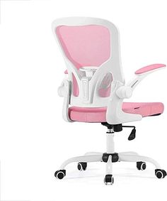 a pink and white office chair with wheels on the bottom, against a white background