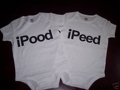 two baby onesuits with the words ipod and i / od printed on them