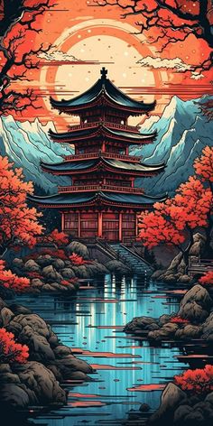 Wallpapers Ponsel, Wallpapers iPhone Japanese Landscape Tattoo Design, Asian Pagoda, Japanese Wallpaper, Japanese Wallpaper Iphone, Japanese Pop Art, Japanese Art Prints, Pop Art Wallpaper