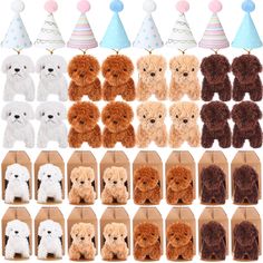 a bunch of stuffed animals in different shapes and sizes, with party hats on top