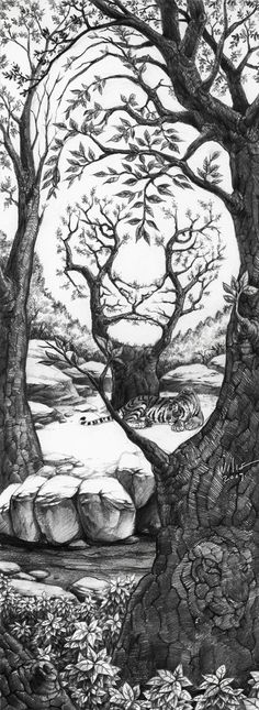 a black and white drawing of two trees in the middle of a field with rocks