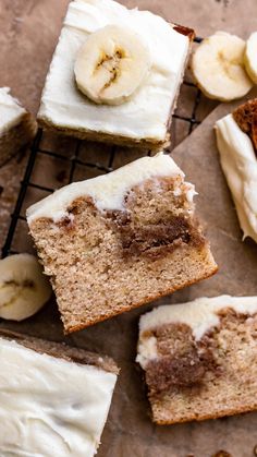 slices of banana bread with white frosting and sliced bananas