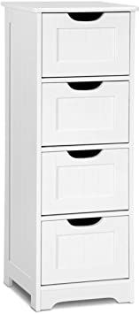 a white dresser with four drawers and black handles