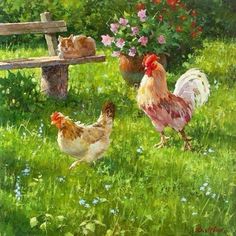 three chickens and two cats walking in the grass near a bench with flowers on it