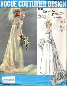 an image of a wedding dress and veil on the cover of a sewing pattern for a bride's gown