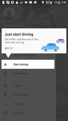 an image of a cell phone with the text, just start driving get traffic updates and etas with only one tap