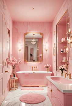 a bathroom with pink walls and flooring in the center is decorated with gold accents