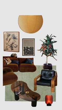 a living room filled with furniture and art on the wall next to a plant in a vase