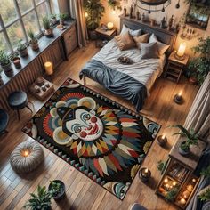 a bed room with a large rug on the floor