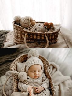 two photos of a baby in a basket