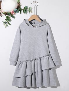 Grey Casual  Long Sleeve Cotton Plain Dress Embellished Slight Stretch Spring/Fall Girls Clothing Long Sleeve Dress Outfit, Toddler Dress Patterns, Girls Sweatshirts, Girls Casual Dresses, Dresses Casual Winter, Girls Fall Outfits, Kids Designer Dresses