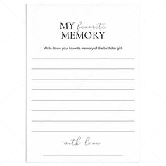 Printable Favorite Memory Of The Birthday Girl Card by LittleSizzle Birthday Party Memory Drawing, Birthday Party Memory Ideas, Birthday Memory Game, Minimal Birthday Cards, Who Know The Birthday Girl The Best, 30th Bday Ideas For Women, Birthday Girl Games, Birthday Party Memory Ideas Guest Books, Do You Know The Birthday Girl