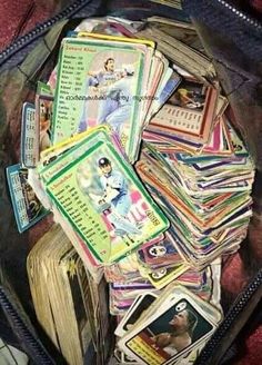 a bag filled with lots of baseball cards