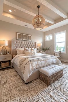 a large bed sitting in the middle of a bedroom under a chandelier above a window