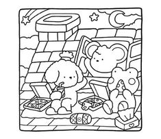 a coloring page with two teddy bears on the beach and one bear is eating pizza