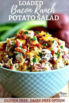 loaded bacon ranch potato salad in a blue bowl