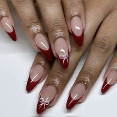 nail inspo. Simple Nail Christmas, Short Almond Acrylic Nails Red French Tip, Red Almond Nails With Bow, White And Dark Red Nails, Dark Red Almond French Tip Nails, Christmas Nails Inspo Almond, Red French Nails With Glitter, Wine Red French Tip Nails Almond, French Tip With Red Design