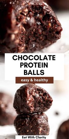 chocolate protein balls stacked on top of each other with the words, chocolate protein balls easy and healthy