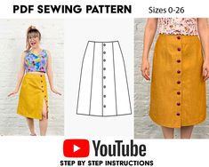 a woman wearing a yellow skirt with buttons on the side, and an image of a woman