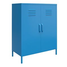 a blue cabinet with two doors on each side