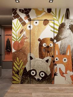 an art exhibit with colorful paintings on the wall and animals painted on the glass doors