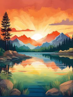 a painting of a sunset over a mountain lake