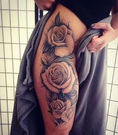 Side Thigh Tattoo, Tattoo Back Women, Tattoos On Thigh, Side Thigh Tattoos, Rose Tattoos For Women, Hip Tattoos, Intricate Tattoo, Tattoo Back, Leg Tattoos Women