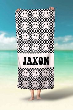 Get ready to hit the beach in style this summer with this checkered smiley face retro style personalized name towel! Made from super soft plush microfiber, backed with cotton terry loops, you are sure to LOVE how soft and absorbent this towel is. Checkered Smiley Face, Black Checkered, Pool Towel, Personalized Beach Towel