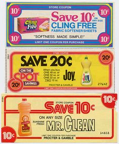 three coupons for cleaning products are shown