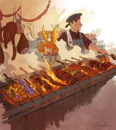 a man cooking food on top of a grill covered in meats and sausages