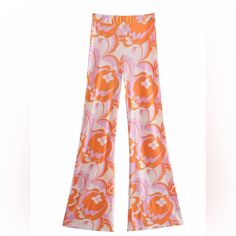 This Is Made Of Polyester. This Pants Features Full Length, Flare Pants Style, High Waist Type, Elastic Waist. Matching Shirt Also Listed. Respectable Offers Considered. Trendy Floral Print Bottoms For Loungewear, Spring Flare Wide Leg Pants With Elastic Waistband, Trendy Pink Long Pants, Trendy Long Floral Print Bottoms, Trendy Long Pants With Floral Print, Trendy Long Bottoms With Floral Print, Pink High Waist Non-stretch Pants, Casual Pink Flare Wide Leg Pants, Casual Pink Wide Leg Flare Pants