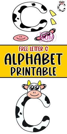 the alphabet is made up of farm animals and letters that are black and white with yellow border